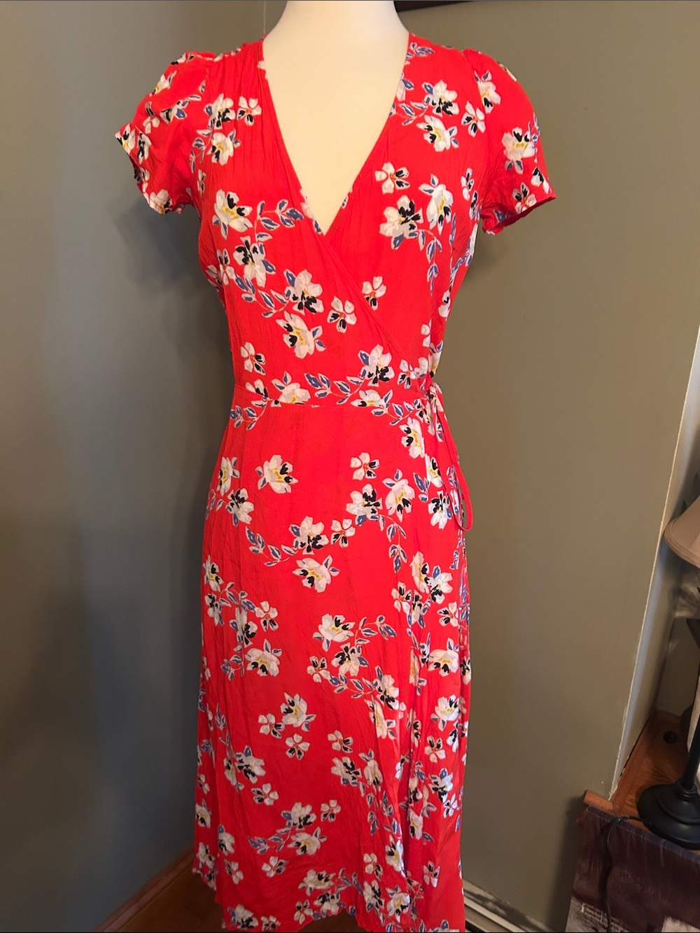 GAP Red Floral Wrap Midi Dress